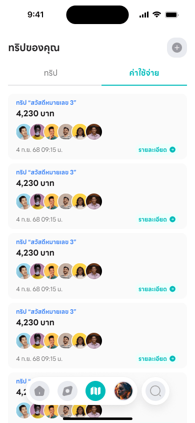 แท็บค่าใช้จ่ายของแอปกระสา แสดงยอด 4,230 บาทที่หารกับสมาชิกห้าคนโดยอัตโนมัติ